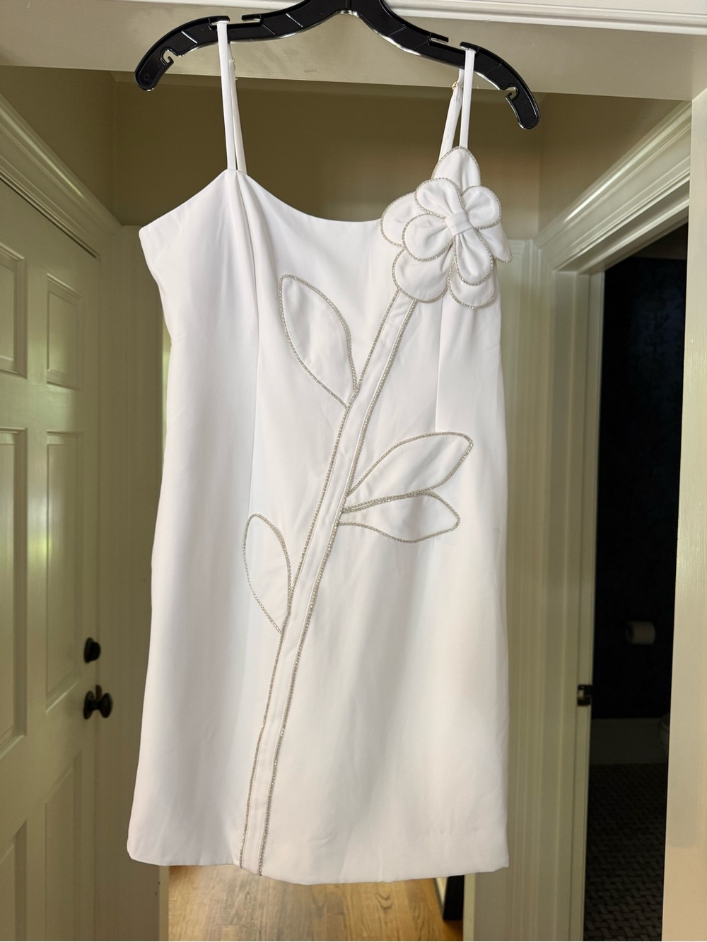 White Spaghetti-Strap Dress with Floral Applique (stretch)